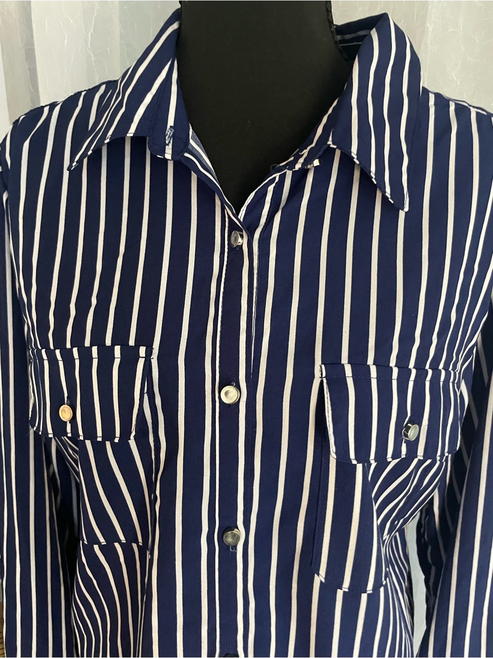 Navy & White Striped women’s Button-Down Shirt - Picture 3 of 4
